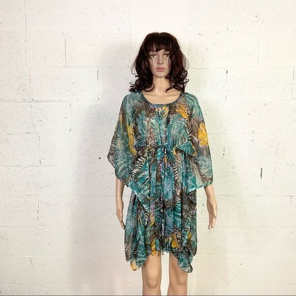 Sunflower Multi-Color Tropical Print Half Sheer Caftan Tunic Dress Cover Up OS - Picture 4 of 11